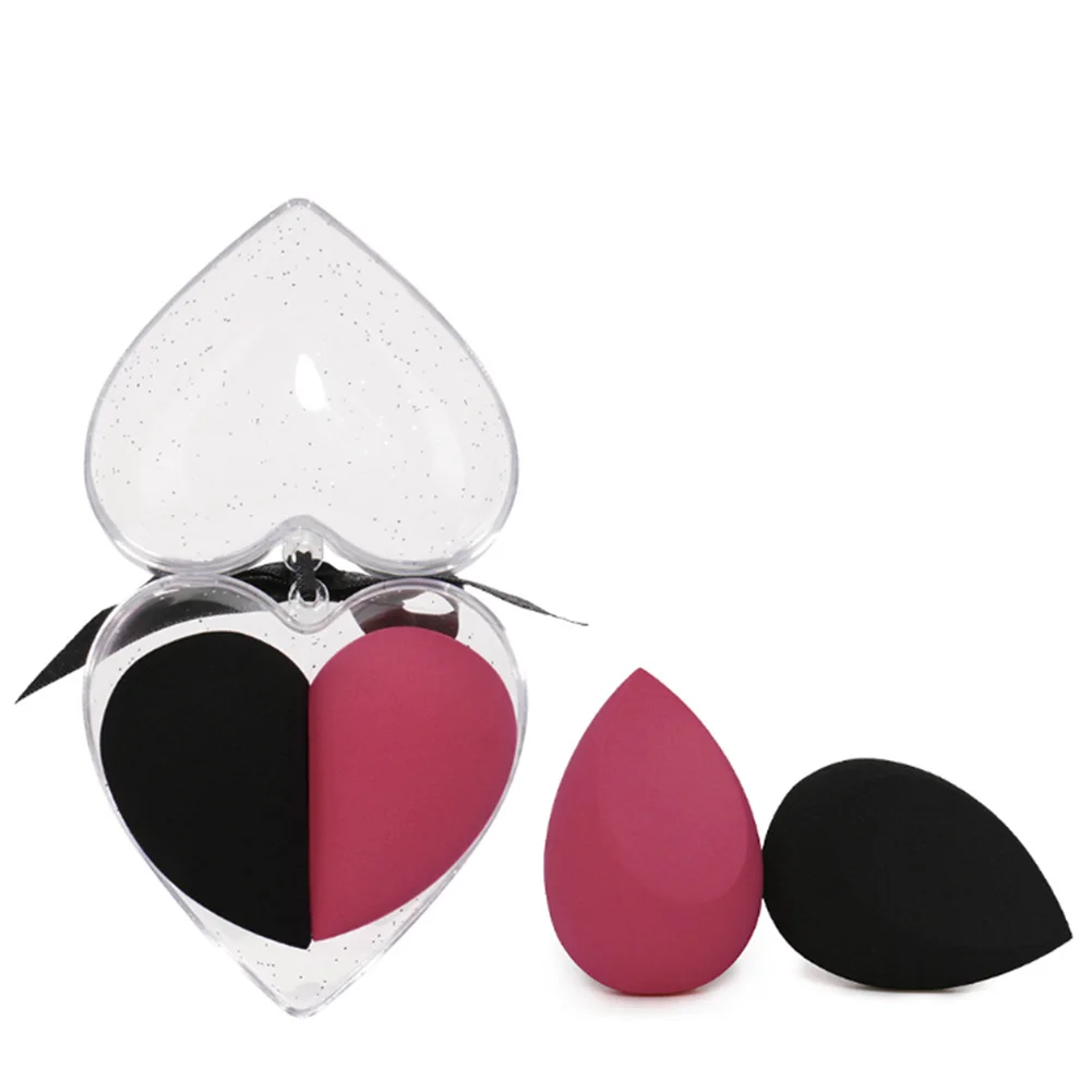 2PCS Practical Washable Elastic Facial Pile Coating Wet Dry Use Makeup Tool Powder Puff Cosmetic Soft Non Latex Heart Shape Box - Цвет: Red Black