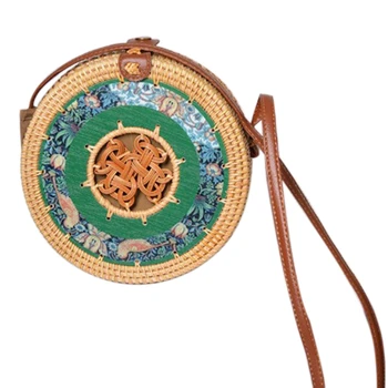 

JHD-Summer Straw Weave Beach Round Bags Crossbody Bag for Women Ethnic Style Shoulder Bags Lady Bohemia Style Handbag
