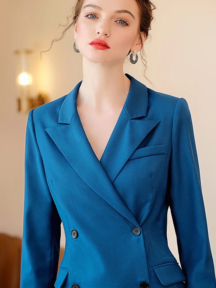 Peacock Blue Dress Suit Women OL Style Business Formal Work Wear Office Ladies Clothing Double Breasted Slim Long Sleeve Dresses