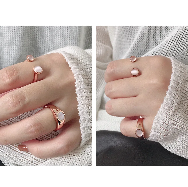 Silvology 925 Sterling Silver Shell Opal Cat Eye Stone Rings Rose Gold Round Romantic Rings for Women Girls Jewelry Charm