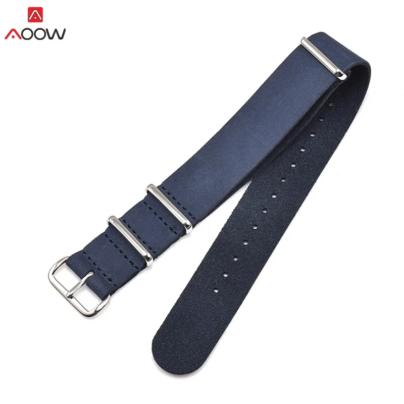 blue-silver buckle AOOW ремешок для часов из натуральной кожи ZULU ремешок для часов NATO 18 мм 20 мм 22 мм 24 мм черная пряжка аксессуары для часов Высокое качество - Цвет ремешка: blue-silver buckle