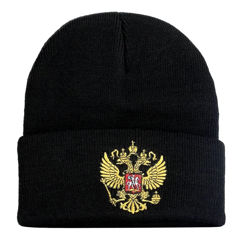 black NXYY русская вязаная Лыжная шапка с двуглавым орлом, Национальная вышивка, памятный значок Skullies, Мужская зимняя шапка, женская шапка - Цвет: black