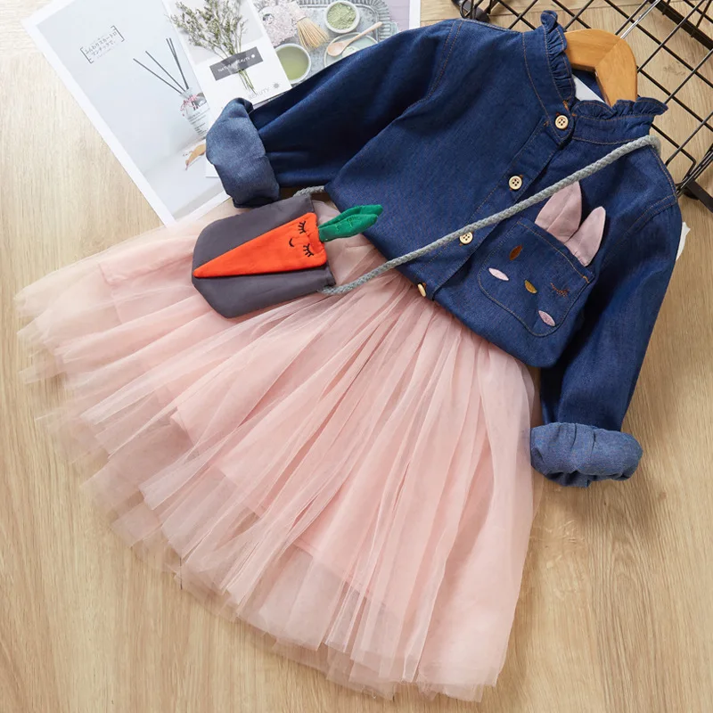 Весенний комплект одежды для девочек с бесплатной сумкой, джинсовая рубашка с длинными рукавами и рисунком кота Сетчатое платье и сумка в виде рыбки, комплект одежды из 2 предметов, детская одежда - Цвет: Розовый