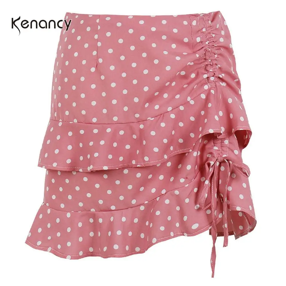 Розовая мини юбка в горошек Kenancy женская летняя эластичная Асимметричная стиле
