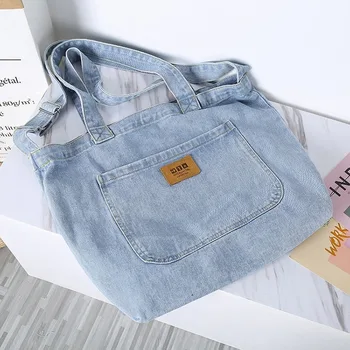 

2020 classic fashion washed light blue denim handbag women