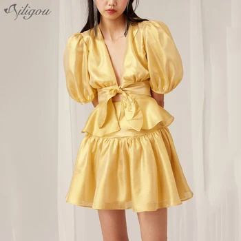

Ailigou Casual Ruffle Two-Piece Women'S Sexy V Neck Puff Short Sleeve Bow Top High Waist Skirt Sexy Suit Women'S Fashion Set