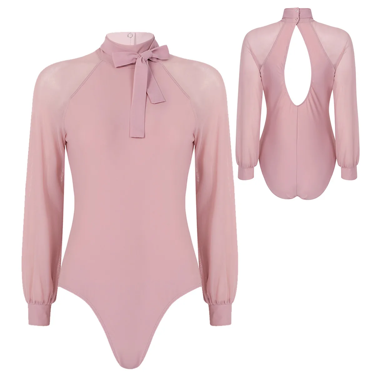 Dusty Pink ChicTry, Модный женский сетчатый танцевальный костюм с длинными рукавами и вырезом на спине, гимнастическое трико, костюм для взрослых, балетный танцевальный костюм - Цвет: Dusty Pink
