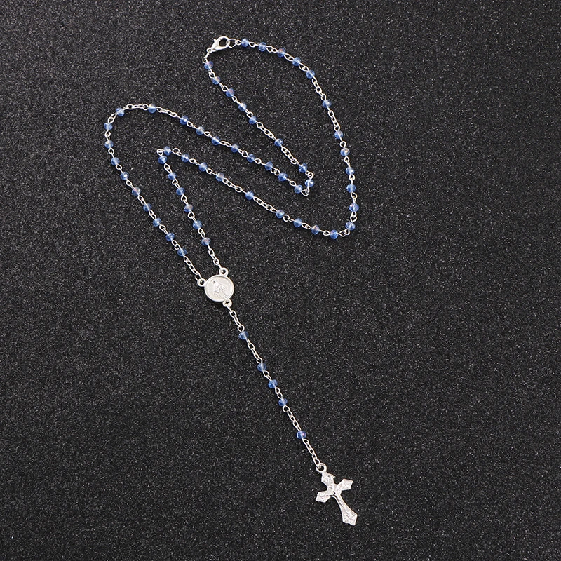 Коми синий четки бусины крест кулон длинное ожерелье для женщин мужчин католический Христос религиозная Подвеска "Иисус" ювелирные изделия подарок R-230