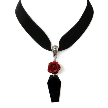 Coffin Choker Necklace, Black Rose, Black Velvet, Gothic Victorian, Alternative Jewelry