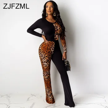 

Leopard Patchwork Sexy Rompers Womens Jumpsuit Vintage Scoop Neck Long Sleeve Flare Bodysuit Casual High Waist One Piece Overall