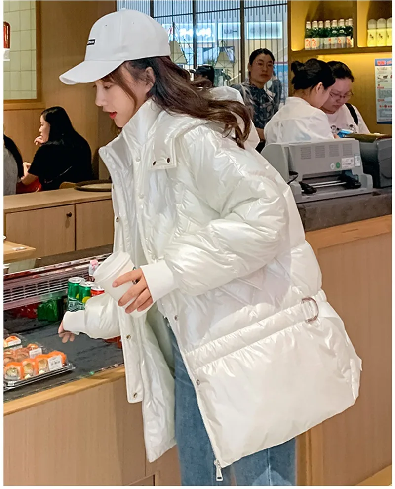 Женские зимние куртки короткое теплое пальто Harajuku хлебный Стиль Женская парка Толстая с капюшоном Глянцевая хлопковая стеганая куртка Верхняя одежда синий W1391