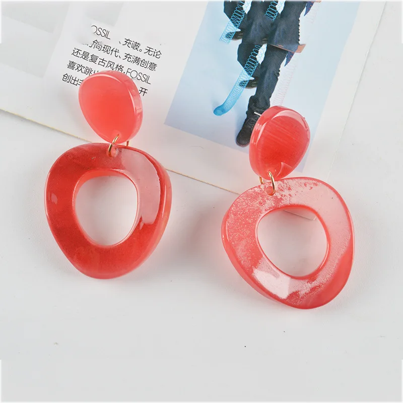 

UJBOX Korean Hollow Irregular Round Earrings Women Red Green Pattern Acrylic Resin Dangle Earrings Wedding Party Jewelry Gift