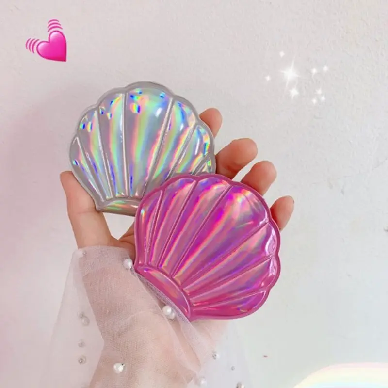 

Creative Sea Shell Shaped Holographic Rainbow Colored Magnifying Compact Cosmetic Double Sided Folding Pocket Mirror Portable