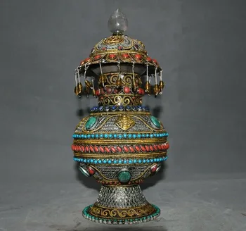 

wedding decoration 11" Tibet Filigree silver Inlay crystal gem 8 treasure lotus Tanks Crock pot jar