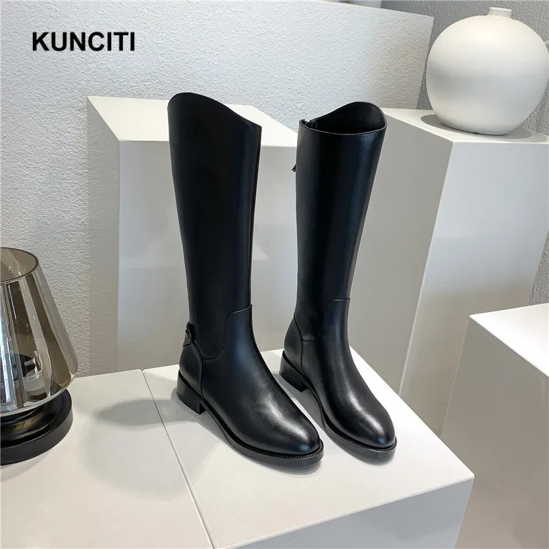 KUNCITI/; черные высокие сапоги; сапоги до колена для верховой езды; женские высокие сапоги с круглым носком; сезон осень-зима; модные дизайнерские сапоги; B917