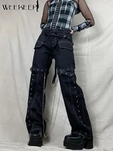 Weekeep Punk Style Chain Straight Jeans Women Gothic Streetwear High Waist Baggy Black Denim Trousers With Belt Basic Mujer Jean