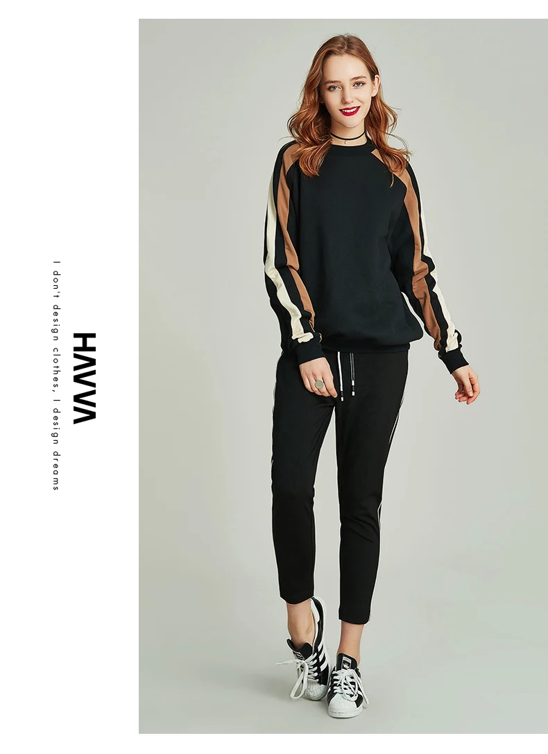 Manga o Pescoço Havva Outono Inverno Ilha Algodão Solto Retalhos Cor Pulôver Feminino Estilo Ins Casual Moletom V30570 10 High Quality Moda Feminina
