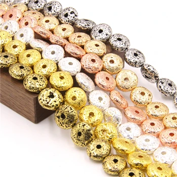 

Natural Retro volcanic lava stone beads diy Diffuser round flat silver color rose gold stone beads for jewelry making bracelet