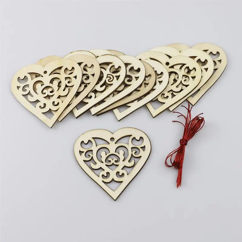 20pcs Hollow Love Pendants DIY Wooden Decorations Handmade Craft Ornaments Wedding Party Adornments