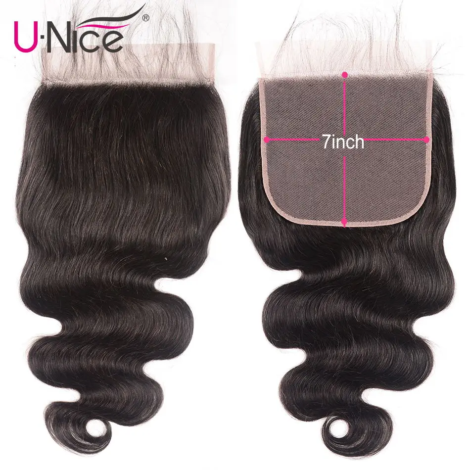 

Unice Hair Brazilian Body Wave 7”x7” Closure Free Part Human Hair Lace Closure 10"-18" Swiss Lace Remy Hair Extension