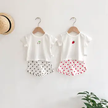 

Newborn baby set embroidered cherry strawberry pattern white tee with dot pattern shorts 2 pcs baby girls summer clothing