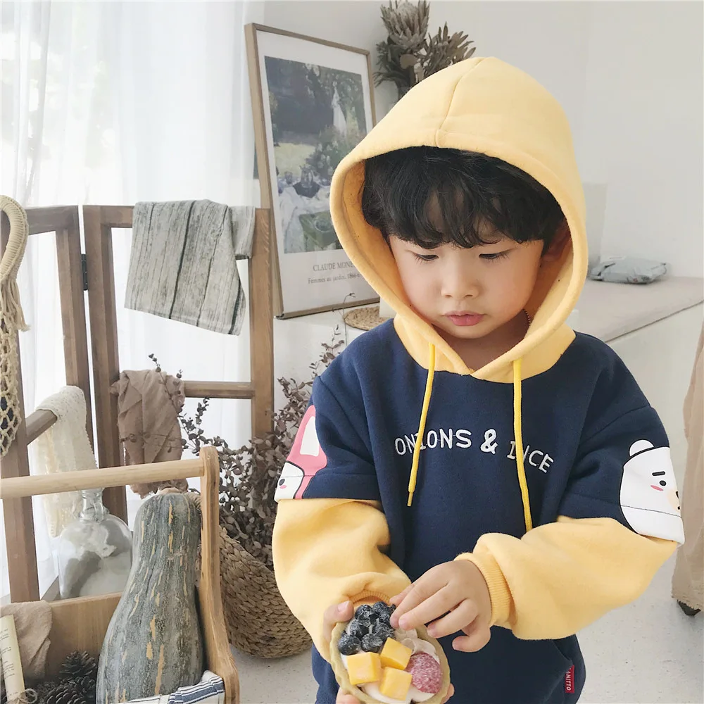 Tonytaobaby/новая осенне-зимняя одежда для мальчиков и девочек; бархатная одежда с героями мультфильмов; детские толстовки с капюшоном для мальчиков