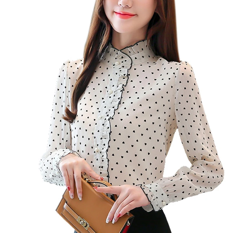 Ceny Damskie topy i bluzki 2019 bluzki damskie szyfonowa bluzka koszula dla kobiet topy przycisk Polka Dot stojak biała koszula odzież 6735 50