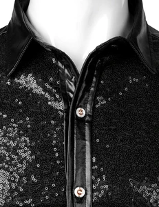 Image 3 - Black Sequin Glitter Dress Shirt Men Shiny Long Sleeve Button Down 70s Disco Party Dance Shirt Male Christmas Halloween Costume