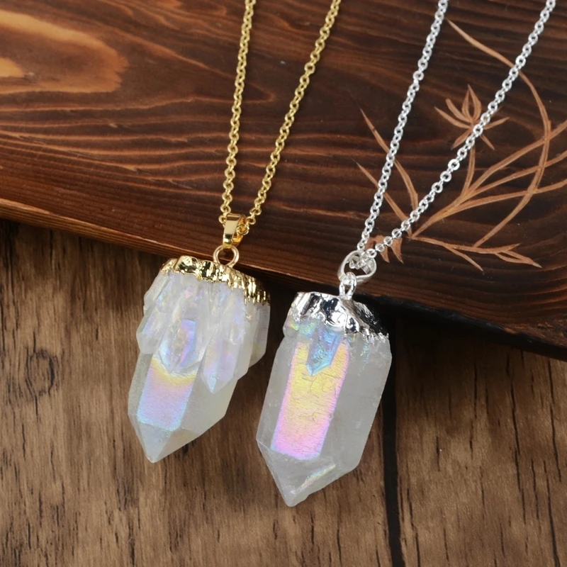 

Boho Crystal Point Necklaces Natural White Quartz Titanium rainbow Point Pendants Gold Necklace Women Silver Pendant Dropship