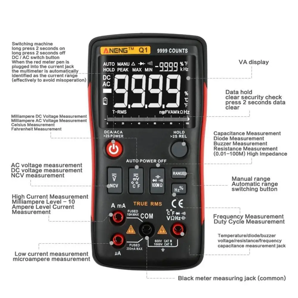 Koop ANENG Q1 Digitale Multimeter 9999 Count True RMS Automatische En Handmatige Range