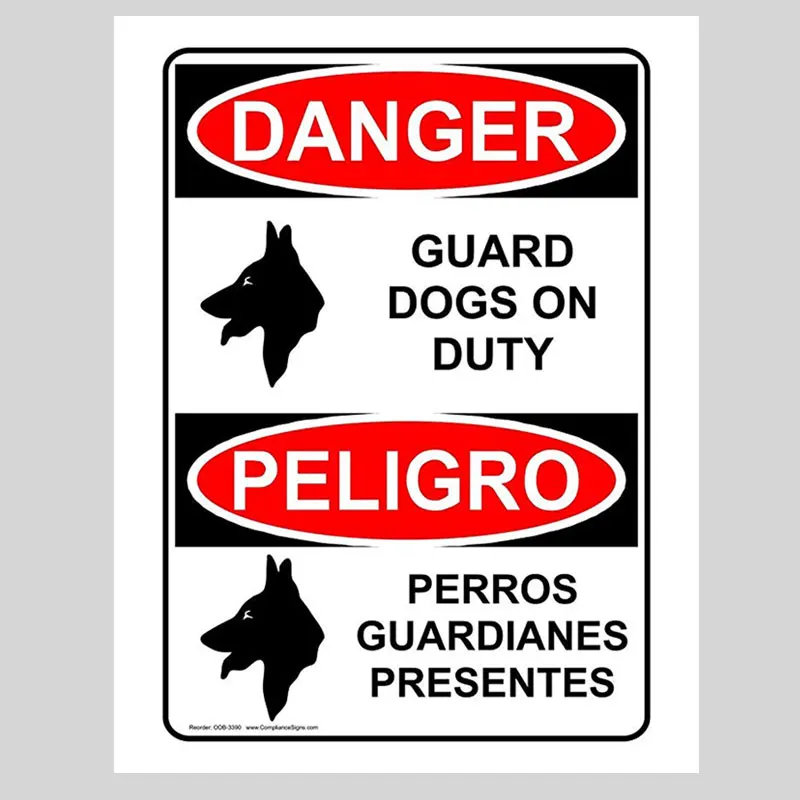 

Personalized Metal Signs OSHA Danger Sign with Beware of Dog Info in English + Spanish White Bakcground Wall Art