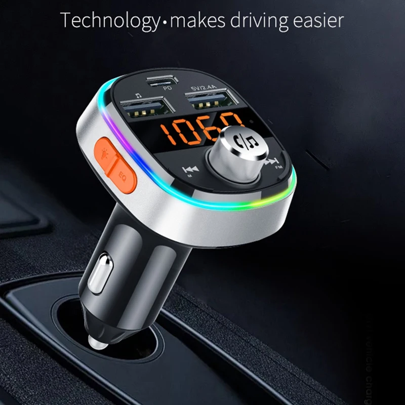 FM Transmitter Bluetooth Hands-Free Car MP3 Player Subwoofer Colorful Atmosphere Lights Dual USB PD3.0 Fast Charge