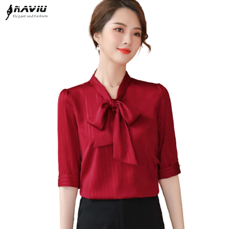 Camisa de gasa color rojo vino para mujer, blusa a rayas de media manga, con lazo elegante, a la de trabajo para oficina, novedad de verano|Blusas y -