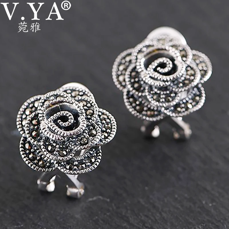 

V.YA 925 Sterling Silver Stud Earrings for Women Gift Mosaic Retro Thai Silver Rose Flower Stud Earrings Fashion Jewelry Brinco