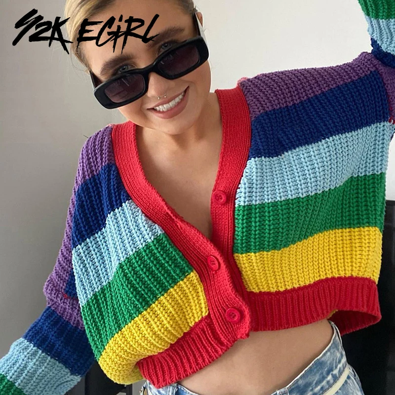 

Y2K EGIRL Harajuku Single-breasted Rainbow Cardigans Vintage 90s Streetwear Oversized V-neck Long Sleeve Striped Sweaters Crop