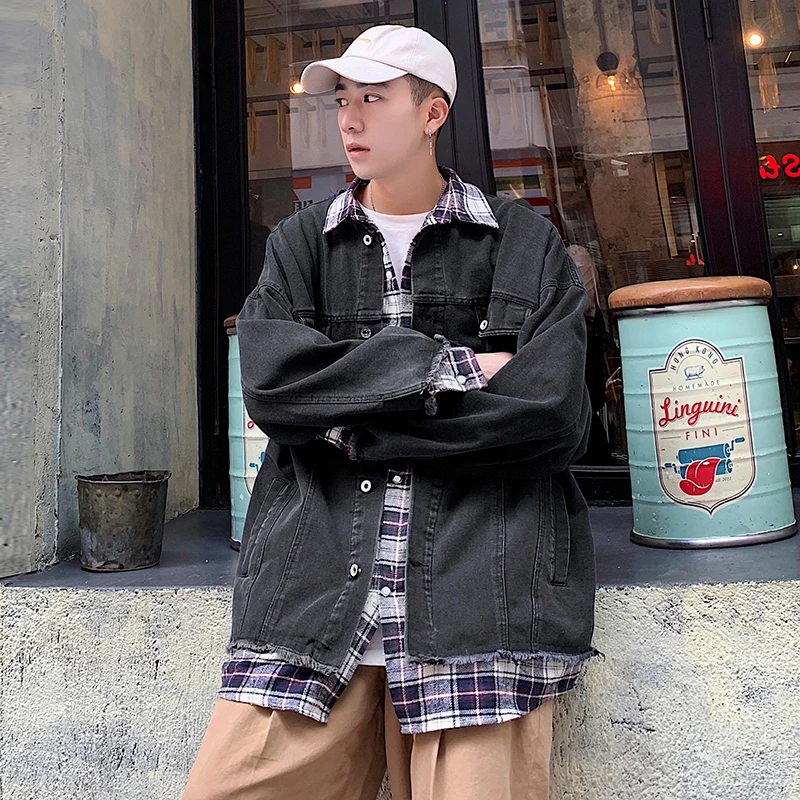 

2019 Autumn Casual Plaid Printing Patchwork Turn Down Collar Long Sleeve Cowboy Jacket False Two Paper Lattice Loose Coat M-XL