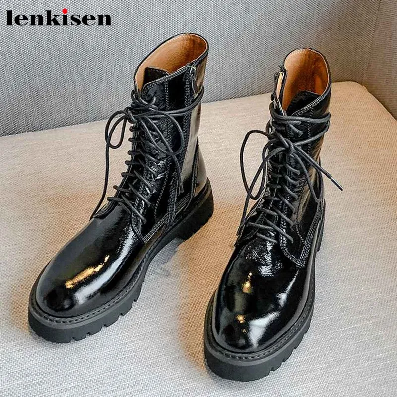 Lenkisen/черные ботинки из натуральной кожи на шнуровке удобные зимние теплые ботинки до середины икры с круглым носком на среднем толстом каблуке L60