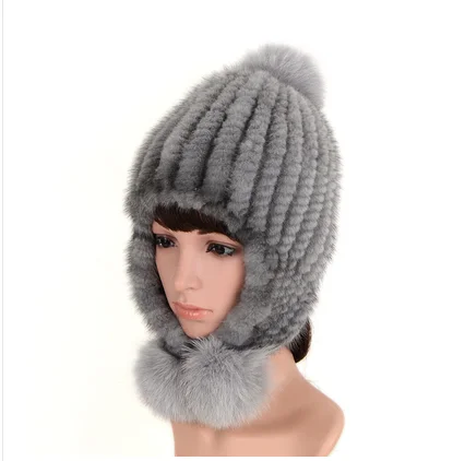gray Женские вязаные шапки из меха норки, наушники с мехом лисы, роскошные Осенние Теплые женские шапки в полоску с натуральным ананасом, зимняя шапка - Цвет: gray