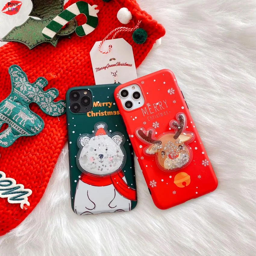 Glitter Christmas Deer Bear Phone Case For iPhone XR 11 Pro XS Max X 8 7 6 6s Plus Dynamic Liquid Quicksand Bling Sequins Cover (17)