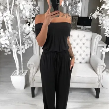 

Women Jumpsuit Fashion Off Shoulder Bodycon Jumpsuit Romper Bodysuit Trousers Solid Color Romper Plus Size Playsuit S-2XL