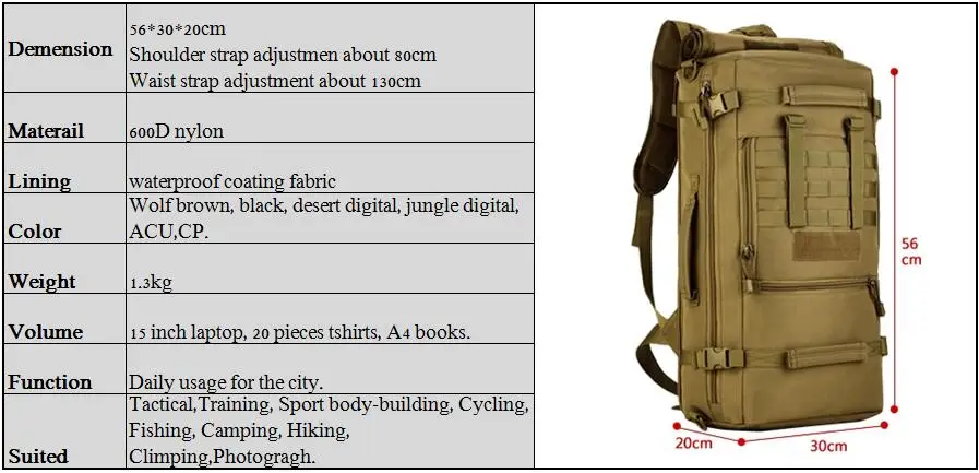 50L Mountaineering bag Military Tactical Backpack Camping Bags Men's Hiking Rucksack Travel Backpack