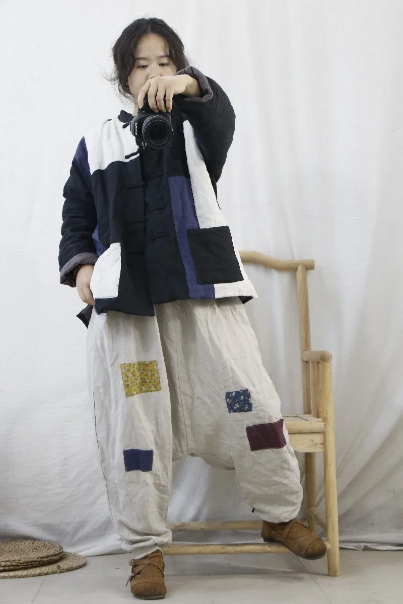 Women Linen Padded Pants Ladies Cotton Linen Patchwork Elastic Waist Loose Trousers Female 2020