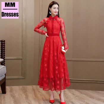 

Black Hollow Out Lace Bandage Dress Vestidos Red Long Sleeve Turn-down Collar A-Line Ladies Dresses Spring Fashion Women Dress