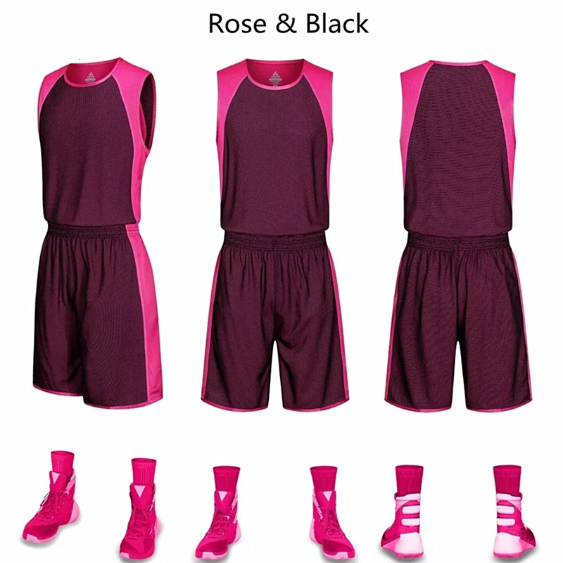 Двухсторонние носимые баскетбольные трикотажные изделия комплекты униформы спортивные дышащие тренировочные костюмы мужские баскетбольные Майки Шорты - Цвет: Rose Black
