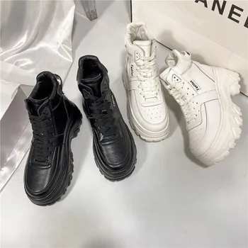 

Women's Sneakers Autumn Winter Plus Velvet Whiter Platform Boot Ladie Brand 8CM Chunky Causal Shoes Genuine Leather Sports Shoes