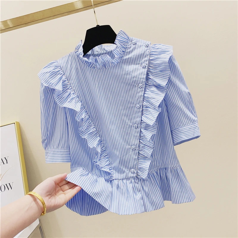 

2020 Summer Korean Loose-Fit Shirt Striped Black Fungus Stand Collar Flounced Short-sleeved Shirt Women's Office Lady Shirts