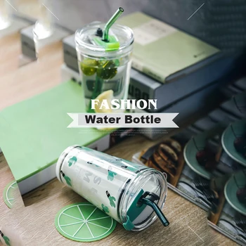 

450ML Portable Hand Cup Water Cup with Straws Double Lid Cola Coffee Plastic Travel Drinking Bottle Home Office Gifts