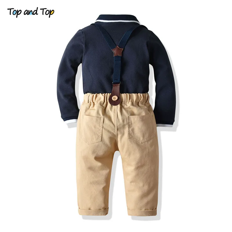 Топ и топ, осенне-зимний комплект одежды для новорожденных мальчиков, пуловер с длинными рукавами и бабочкой Топы+ штаны на подтяжках повседневный комплект из 2 предметов