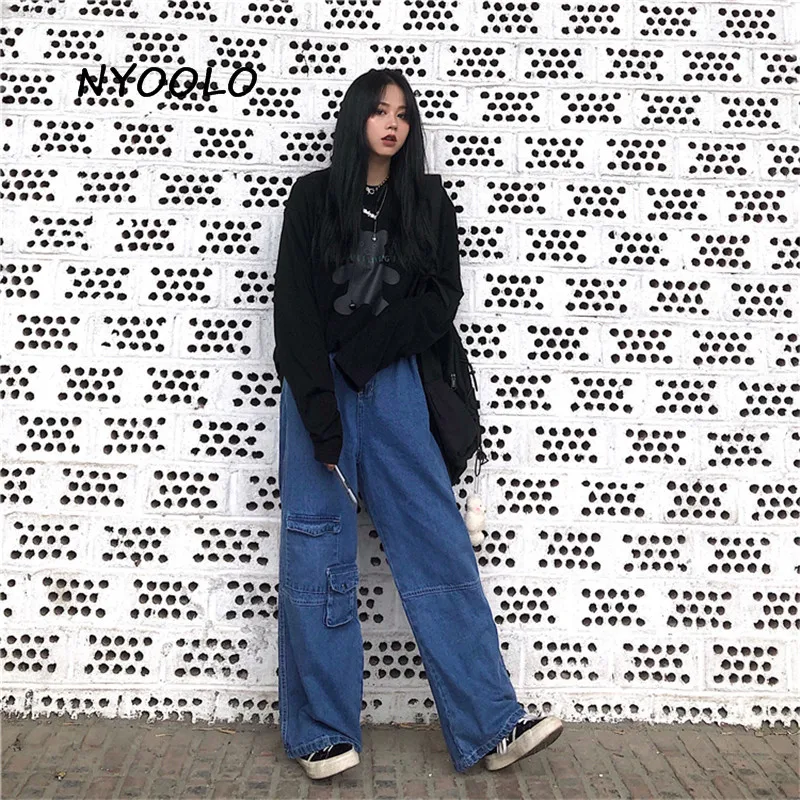 

NYOOLO Autumn street big pocket patchwork high waist washed jeans Vintage full length wide leg Functional denim pants women men