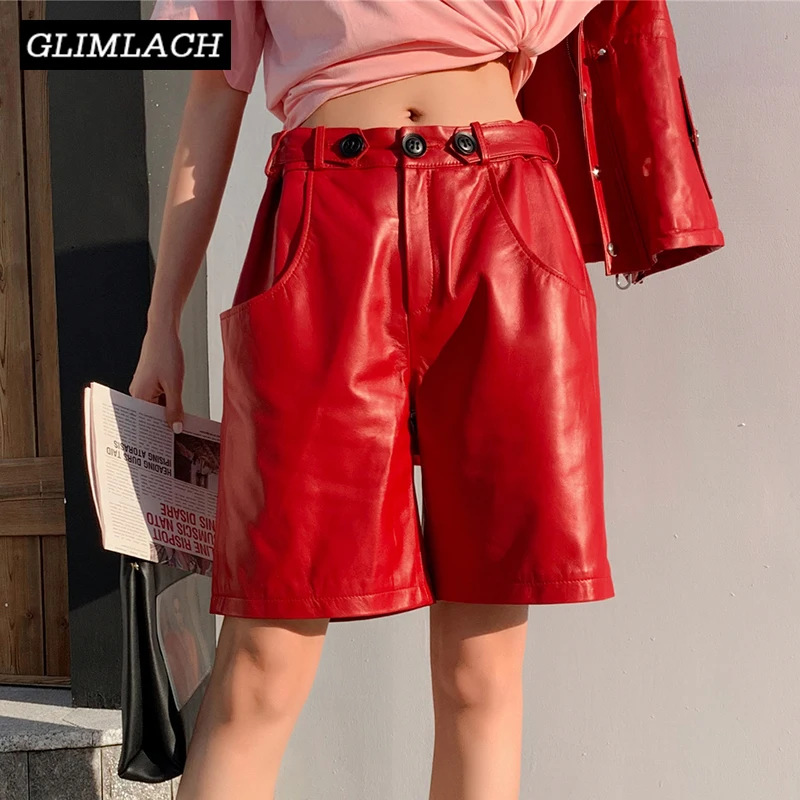 

2019 New Women Real Leather Knee Length Pants Fashion Loose Streetwear Ladies Red Black Lambskin Genuine Leather Short Trousers